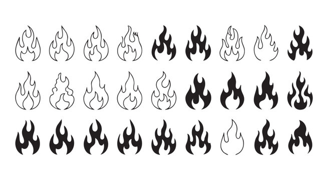 Collection of fire flame icons featuring outline and solid styles for various graphic design works.