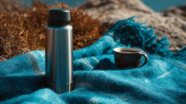 Enjoy a comforting hot drink from a modern thermos and mug on a vibrant blue blanket, perfect for a peaceful outdoor escape, camping trip, or cozy picnic.
