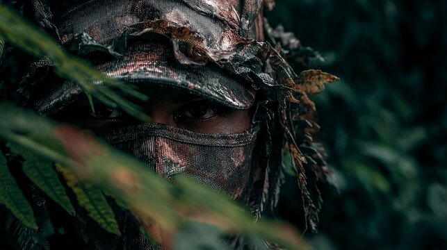 Vigilant eyes of a soldier in advanced camouflage ghillie suit, peering through dark jungle foliage, capturing the essence of stealth and strategic observation.