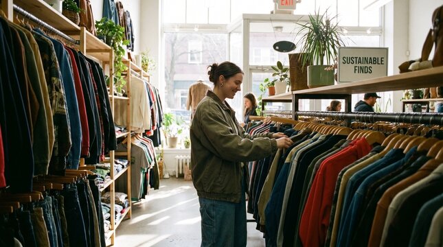 A young woman browsing a rack of vintage clothing in a brightly lit thrift store