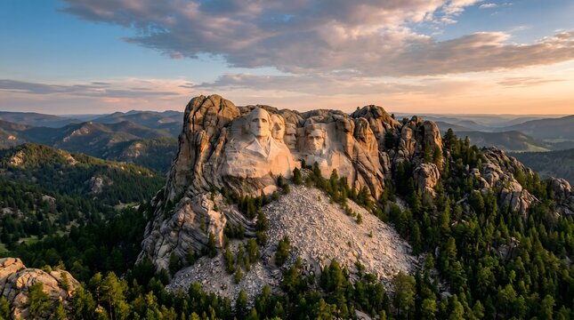 Presidential Pride: The Carved Faces of Mount Rushmore Illuminated by the Warm Glow of Golden Hour