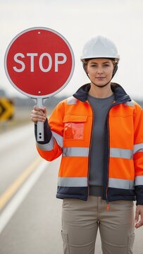 Professional female traffic controller holding stop sign on highway. Vertical portrait of road worker in hard hat and high-visibility safety jacket.