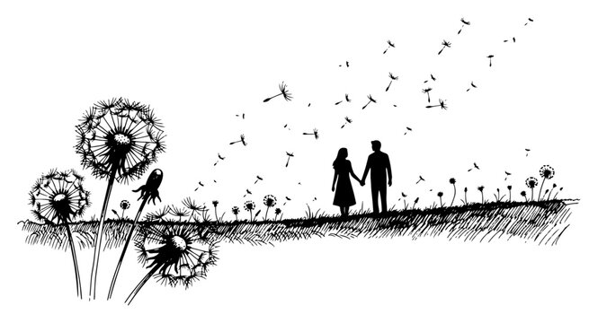 Couple walking through a dandelion field with seeds blowing in the wind hand drawn sketch style