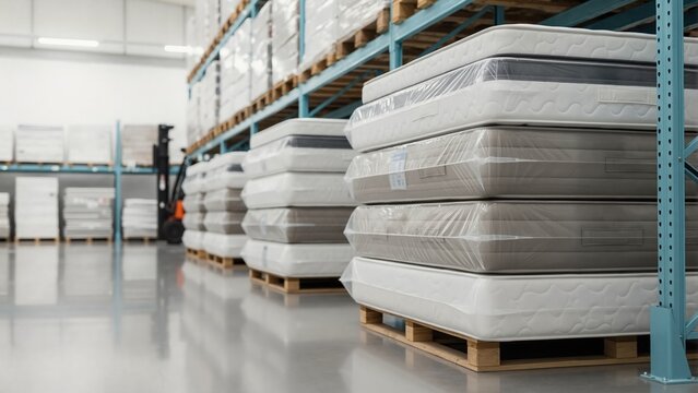 Stacks of new mattresses on pallets in large warehouse. Furniture factory inventory for logistics and distribution. Bedding manufacturing and storage concept.