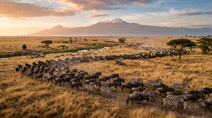 Obraz premium The Great Migration: Thousands of Wildebeest and Zebras Journey Across the Golden Serengeti Plains Beneath the Majestic, Snow-Capped Peak of Mount Kilimanjaro at Sunrise