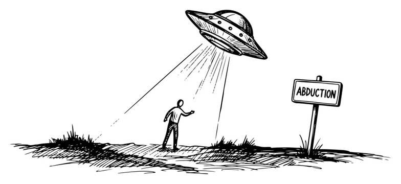 Human standing under light beam from UFO saucer near abduction sign in hand drawn sketch style
