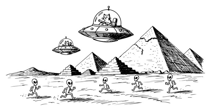 Cat piloting UFO over pyramids with aliens running in desert in hand drawn sketch style