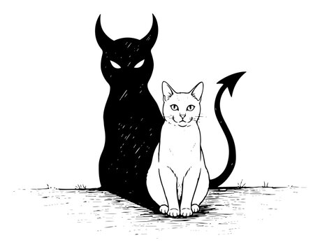 White cat casting a dark devil shadow with horns in hand drawn vintage sketch style