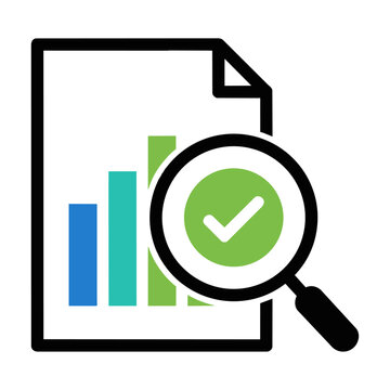 Professional document icon with magnifying glass focusing on an ascending bar chart and a checkmark on a white background, business data analysis concept