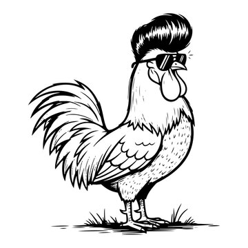 Cool rooster wearing sunglasses with a stylish pompadour hairstyle in a funny animal sketch style