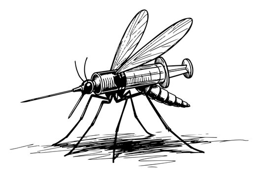 Mosquito with medical syringe body standing on ground in hand drawn vintage style