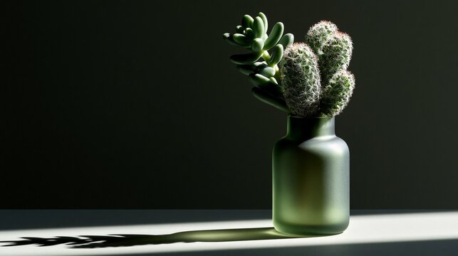 minimal cactus plant silhouette in vase with dramatic studio side lighting
