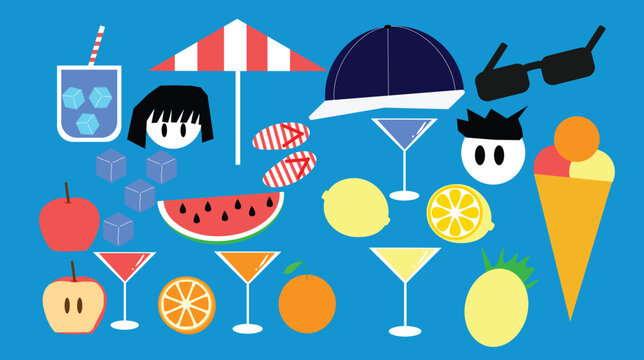 Set of colorful summer vacation flat vector illustrations with beach accessories, fruits, and cold drinks.