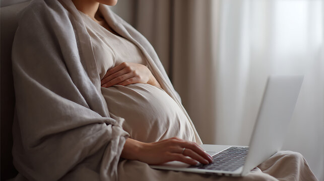 Expectant mother relax at home, embracing her pregnancy while she use a computer, planning, working remotely or enjoy leisure online activities