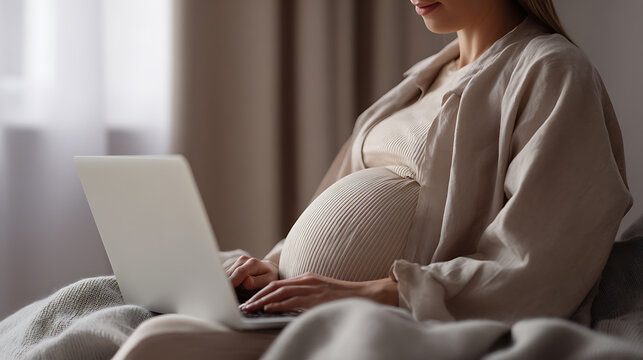 Pregnant woman comfortably use computer at home, focus on belly and tech interaction, soft natural light, indoor lifestyle, modern maternity