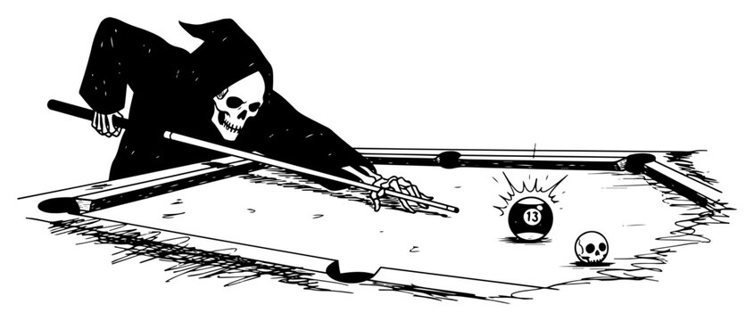 Grim reaper playing billiards with a bomb and a skull in a surreal dark sketch style