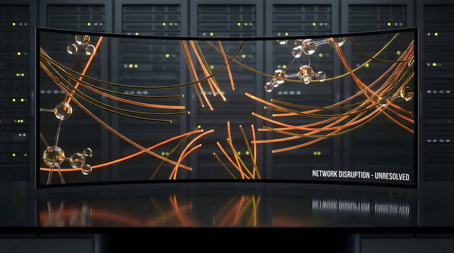 Server room screen with tangled orange network lines represents connection disruption, unresolved routing issues, system failure, and troubleshooting