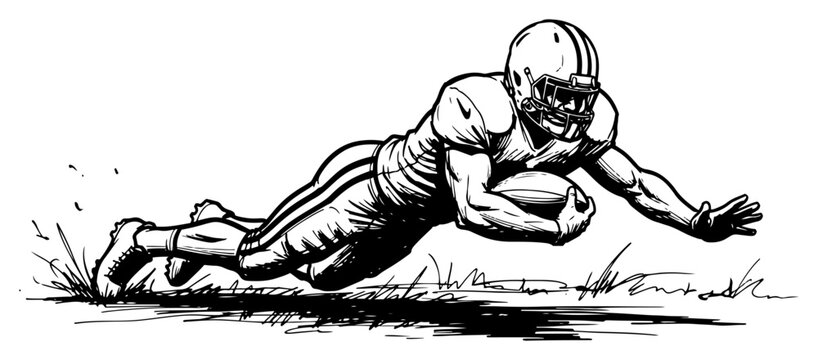 American football player diving to catch the ball during a game in a dynamic sketch style