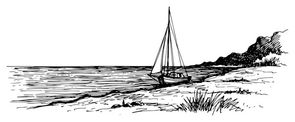 Sailboat anchored near a rocky coastline and shore in hand drawn vintage sketch style © Amelia