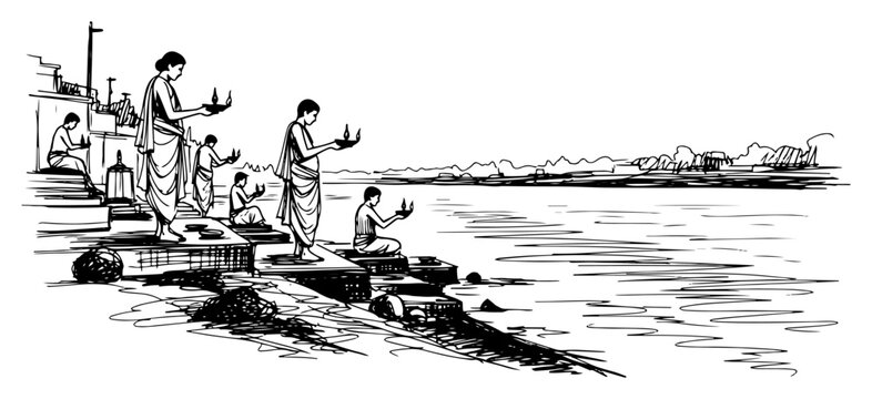 People performing traditional ritual with oil lamps on river ghats in hand drawn sketch style