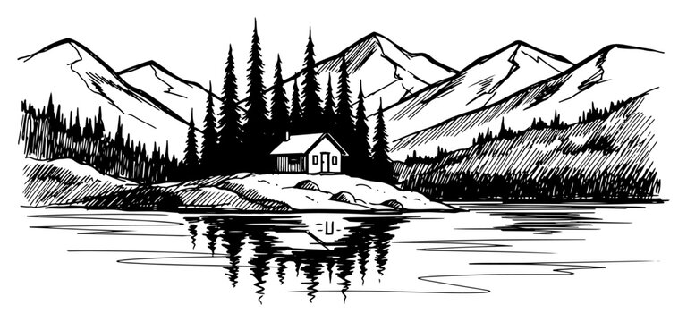 Mountain lake landscape with a small wooden cabin and pine forest in hand drawn sketch style