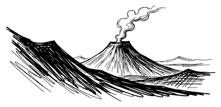 Volcano erupting smoke with mountain ranges in the background in hand drawn sketch style