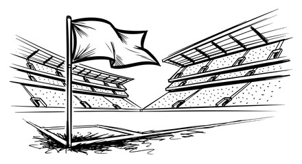 Corner flag on football pitch with empty stadium stands in hand drawn sketch style © Amelia