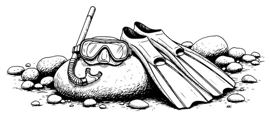 Snorkeling mask with snorkel and swim fins on rocks engraving style © Amelia