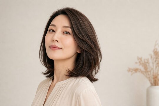 クリーム背景で上を向くレイヤードミディアムの40代女性