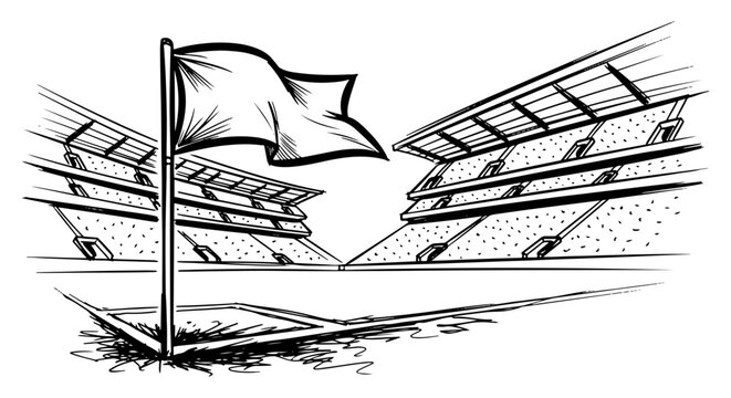 Corner flag on football pitch with empty stadium stands in hand drawn sketch style