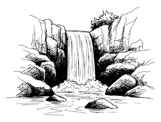 Waterfall cascading from rocky cliffs into river pool in vintage engraving style © Amelia