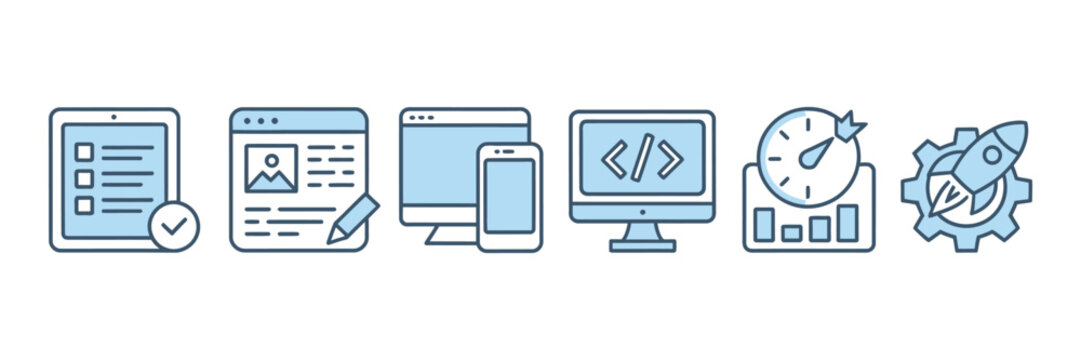 Set of modern flat line icons for web development and digital marketing tasks featuring colorful blue design elements on a clean white background for ui projects
