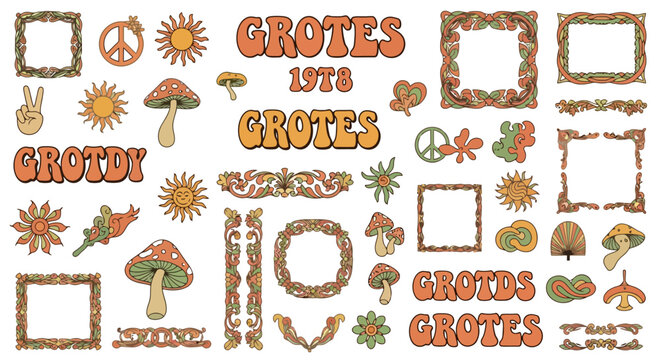 Groovy 1970s Hippie Psychedelic Mushroom and Flower Power Design Elements.