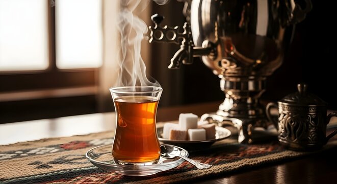 glass of tea and a samovar samavar turkish semaver on the table beside the window Iranian tea drinking traditional culture