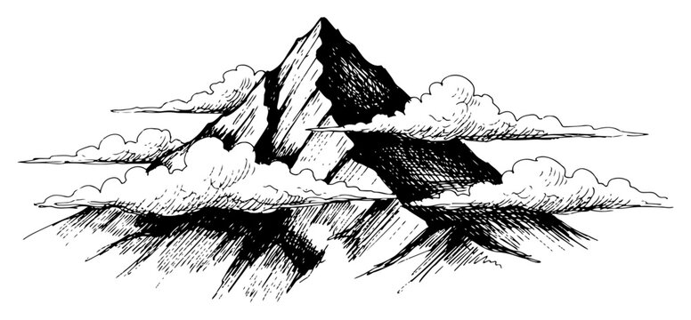High mountain peak surrounded by clouds and mist sketch style