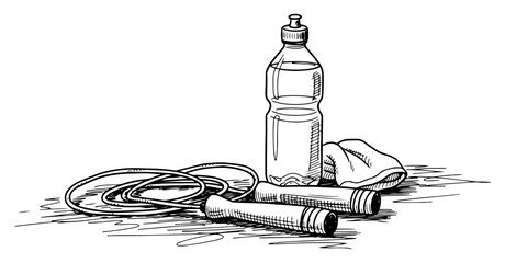 Fitness equipment including jump rope water bottle and towel in hand drawn sketch style © Amelia