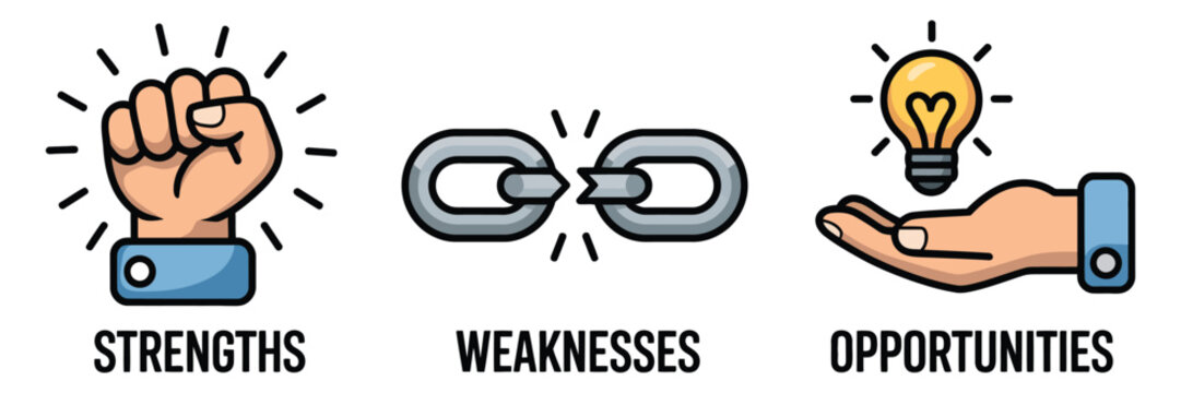 Swot analysis concept icons featuring a strong fist for strengths broken metal chain for weaknesses and open hand with lightbulb for business opportunities