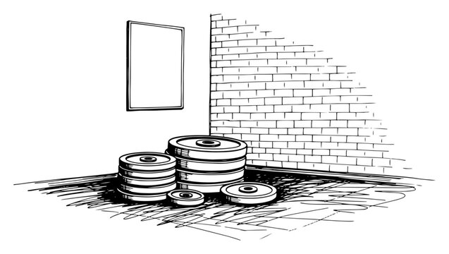 Weight plates stacked in a gym corner against a brick wall in a vintage sketch style