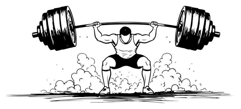Strong bodybuilder lifting heavy barbell in squat position in hand drawn ink sketch style