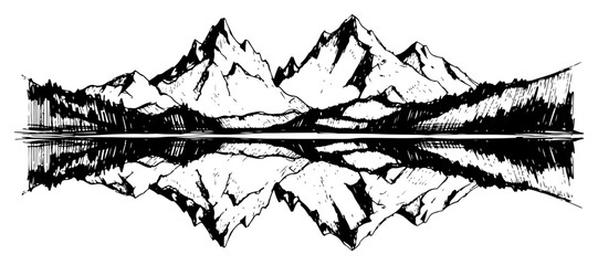 Symmetrical mountain peaks reflected in still water with a forest horizon in vintage engraving style © Amelia