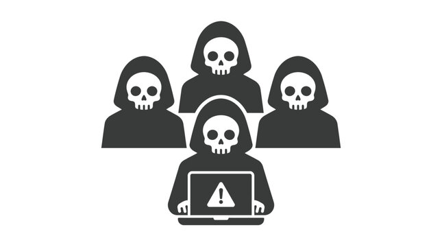 Group of cyber criminals wearing hooded cloaks while using a laptop to commit digital crimes