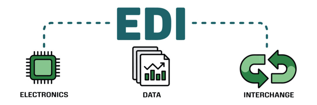 Edi concept infographic featuring electronics microchip data documents and interchange arrows illustrating electronic data interchange business process flow