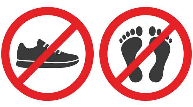 Two circular signs showing that shoes and bare feet are strictly prohibited in this area today