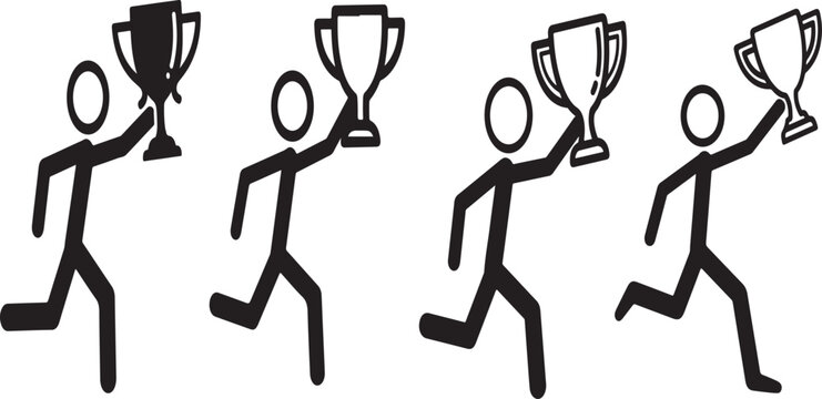 A stick figure running with a trophy in hand, symbolizing victory and achievement in a simple black silhouette on a white background