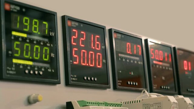 Square, black, glossy, digital power meters, network frequency meters and current consumption meters in industrial equipment. Closeup