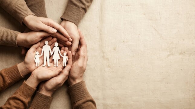 Hands holding paper family cutout, family home, adoption foster care, homeless support , mental health, homeschooling. Paper cutout family in layered hands of parents, children with large copy space