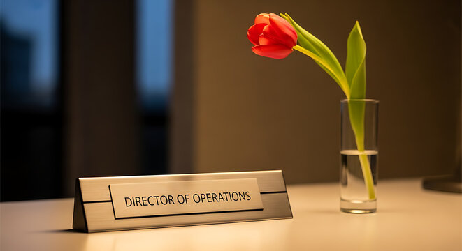 Director of Operations Nameplate on Office Desk with Red Tulip