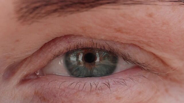 Extreme macro close-up of a human green eye with detailed iris texture, visible veins and skin. Reflection of a photographer with camera and studio lights in the pupil.