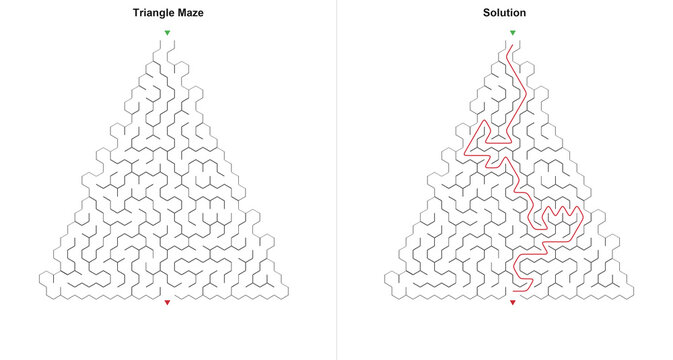 Triangular hex maze and solved path in line art style, simple uncolored and red colors, logic puzzle game for children printable