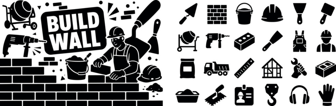 Masonry Worker Tools. Banner design featuring one bricklayer placing bricks beside an oversized trowel reaching top and right edges, oversized brick wall reaching left and bottom edges, cement bucket,